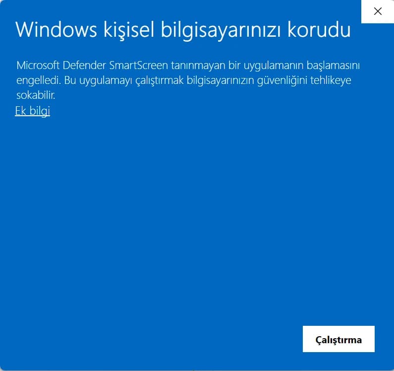 Windows kişisel bilgisayarınızı korudu uyarısı; Ek bilgi bağlantısı işaretli